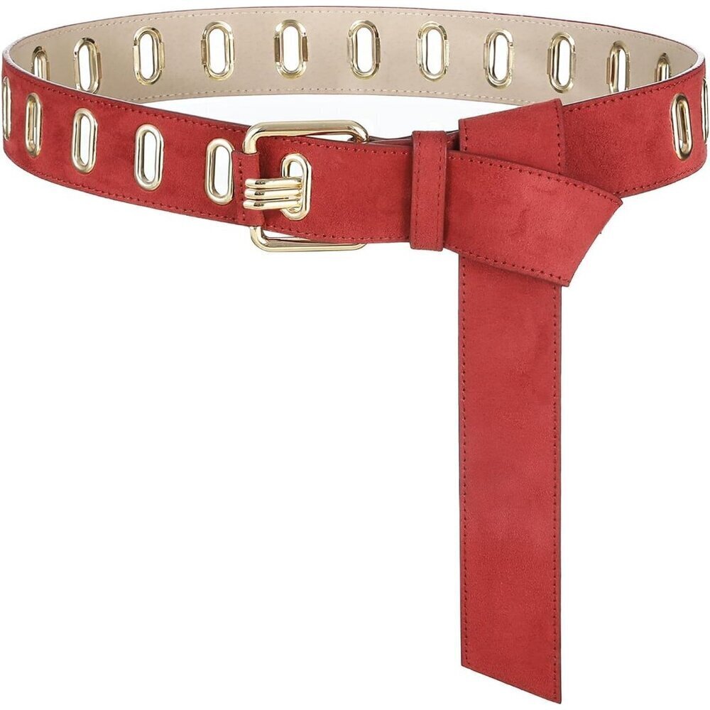 Women Leather Wide Fashion Thick Dress Belt With Gold Buckle Belt Suede Red